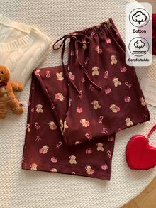 Comfortcana Women's Bear & Candy Cane Print Pocket Long Pants - Burgundy - View 5