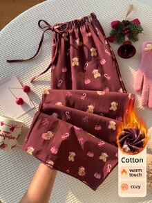 Comfortcana Women's Bear & Candy Cane Print Pocket Long Pants - Burgundy - View 8