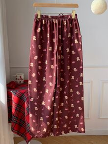 Comfortcana Women's Bear & Candy Cane Print Pocket Long Pants - Burgundy - View 2