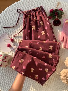 Comfortcana Women's Bear & Candy Cane Print Pocket Long Pants - Burgundy - View 7