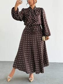 Firerie Plus Size Women Polka Dot Pleated Casual Party Dress Fall - Multicolor - View 6