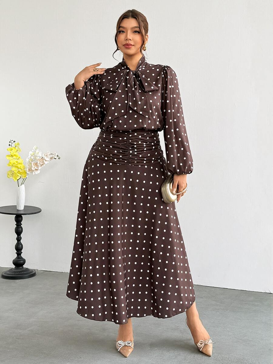 Firerie Plus Size Women Polka Dot Pleated Casual Party Dress Fall - Multicolor - View 1