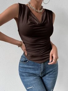 Rafferiza Women's Brown Cowl Neck Ruched Regular Length Tank Top - Brown - View 6