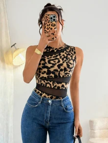 Rafferiza 优雅性感时尚豹纹圆领无袖修身不规则几何网眼拼接连体衣，女士春夏款 - 棕色 - 查看 3