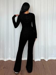 Rafferiza 2pcs Women Casual Hooded Sweatshirt With Pockets & Ribbed Flare Pants Set, Versatile For Daily Wear, Autumn/Winter - Black - View 9