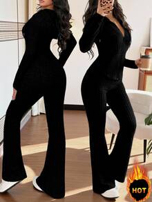 Rafferiza 2pcs Women Casual Hooded Sweatshirt With Pockets & Ribbed Flare Pants Set, Versatile For Daily Wear, Autumn/Winter - Black - View 3