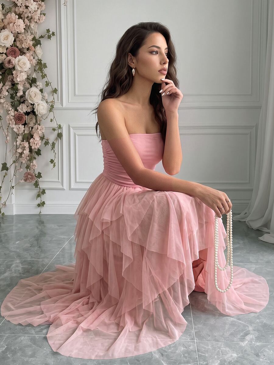Rafferiza Baby Pink Strapless Mesh Midi Dress For Women Sleeveless ...