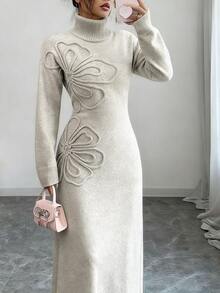 SHEIN Raffinéa Women's Elegant Floral Pattern Turtleneck Knit Sweater Dress, Autumn/Winter - Apricot - View 3