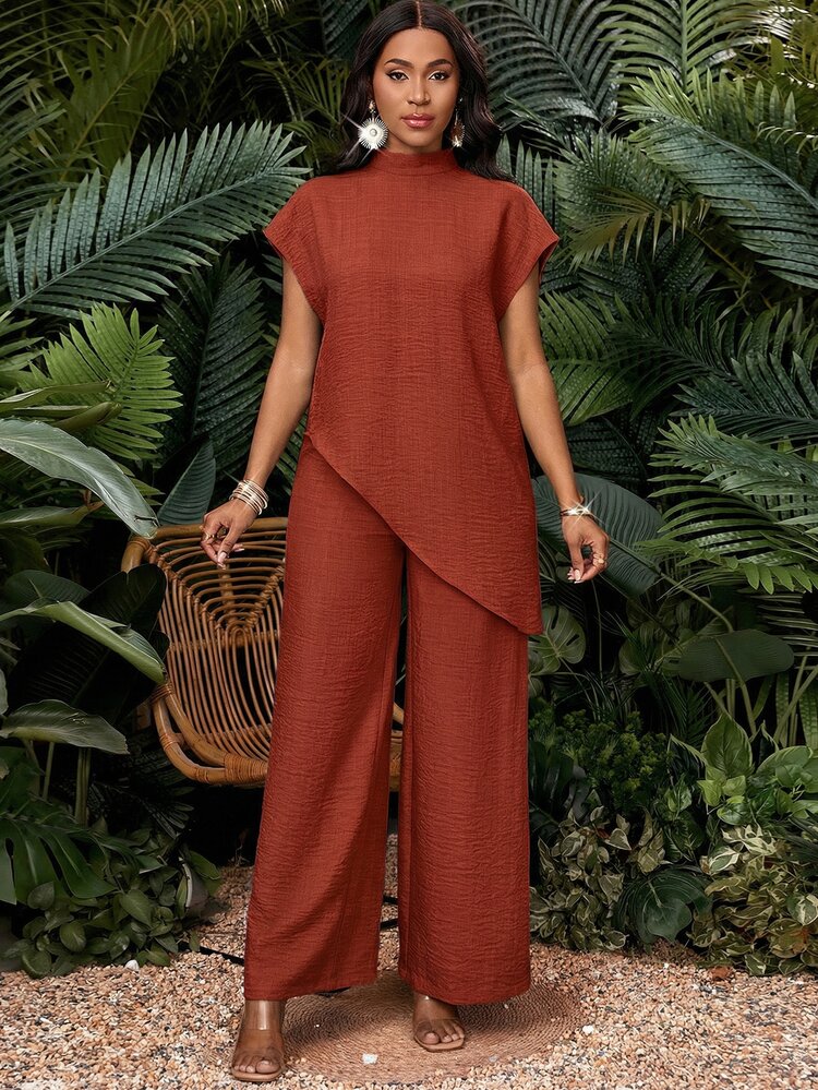 SHEIN Lady Women's Solid Color Minimalist Casual Daily Short Sleeve Top And Pants 2 Pieces Set,Summer Outfits For Women Vacation Rust Vacation - Redwood - View 8