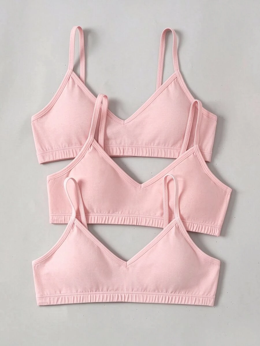SHEIN Girlism 3pcs Tween Girls' Minimalist Kids Comfortable Solid Color V-Neck Padded Camisole Bras Set - Multicolor - View 1