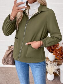 SHEIN 女款純色保暖內裡休閒百搭日常穿著長袖夾克，適合日常與登山，軍綠色，秋季 - 軍綠色 - 查看 3