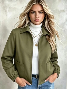 SHEIN 女款純色保暖內裡休閒百搭日常穿著長袖夾克，適合日常與登山，軍綠色，秋季 - 軍綠色 - 查看 8