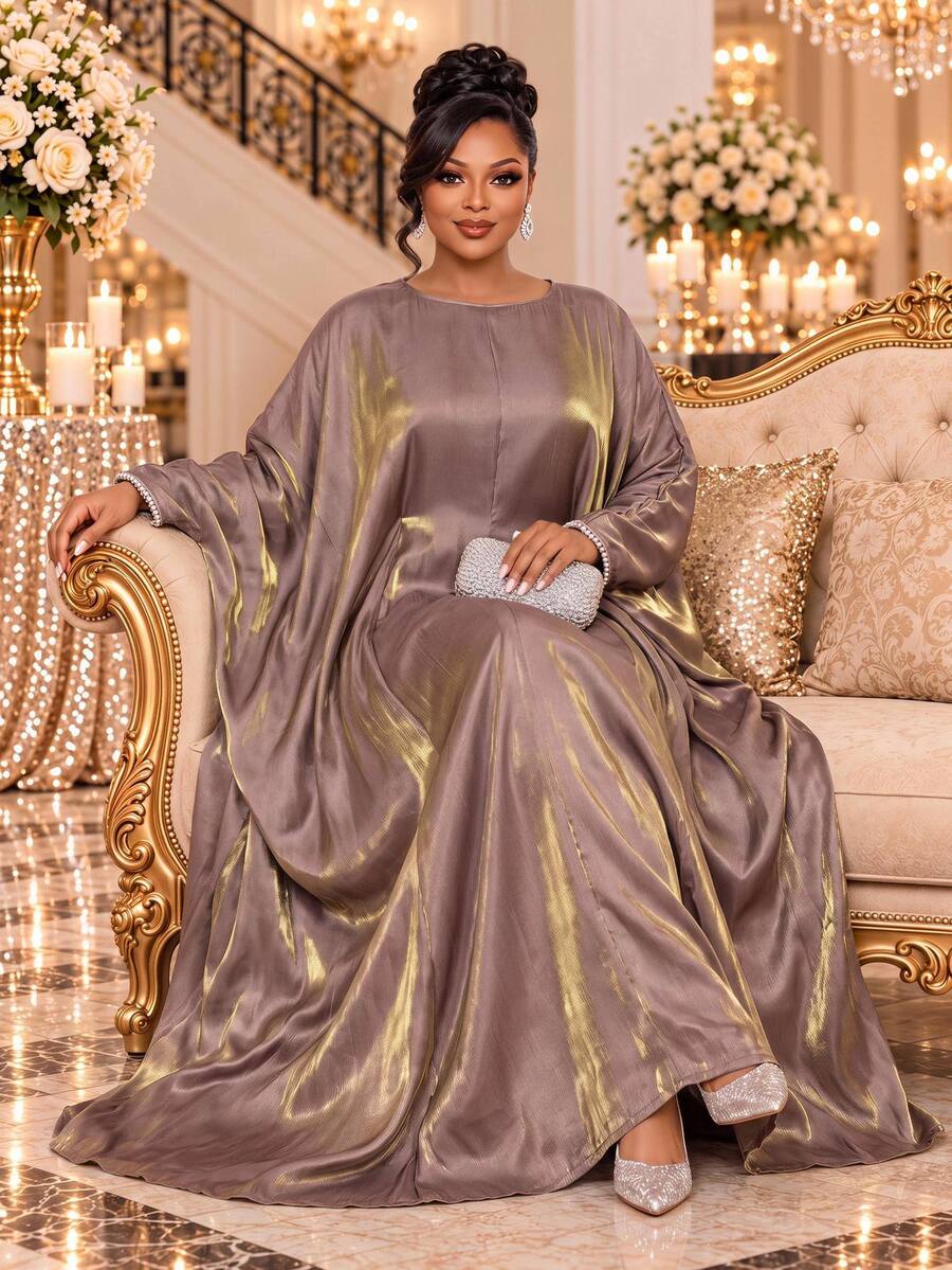 Fleurora Plus Size Elegant Luxury Faux Pearl Decor Dress Fall Christmas - Dusty Pink - View 1