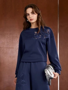 Anewsta Women's Elegant 3D Embroidered Minimalist Casual Sweatshirt, Suitable For Commuting And Daily Wear - Navy Blue - View 7