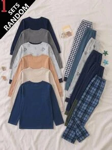 SHEIN طقم ملابس منزلية محبوك ضيق للأطفال والفتيان المراهقين، قطعتان، كاجوال يومي متعدد الاستخدامات ومريح، بطبعة وحدة تحكم ألعاب، ملابس علوية بياقة دائرية وأكمام طويلة مع بنطال بيجامة - متعدد الألوان - مشاهدة 2