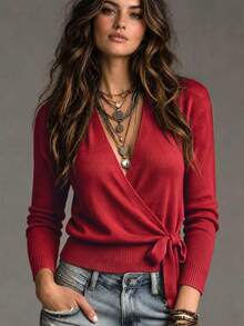 SHEIN Spring Fall French Wrap V Neck Knit Top Women Side Tie Waist Long Sleeve Slim Fitted Blouse - Red - View 7