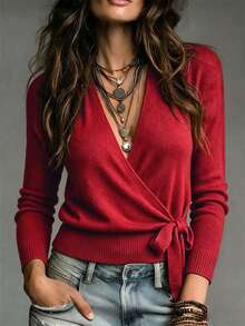SHEIN Spring Fall French Wrap V Neck Knit Top Women Side Tie Waist Long Sleeve Slim Fitted Blouse - Red - View 1