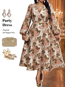 Fleurora Plus Size Women's Deep V-Neck Long Sleeve Printed Elegant Romantic Dress Fall Wedding Formal White - Multicolor - View 6
