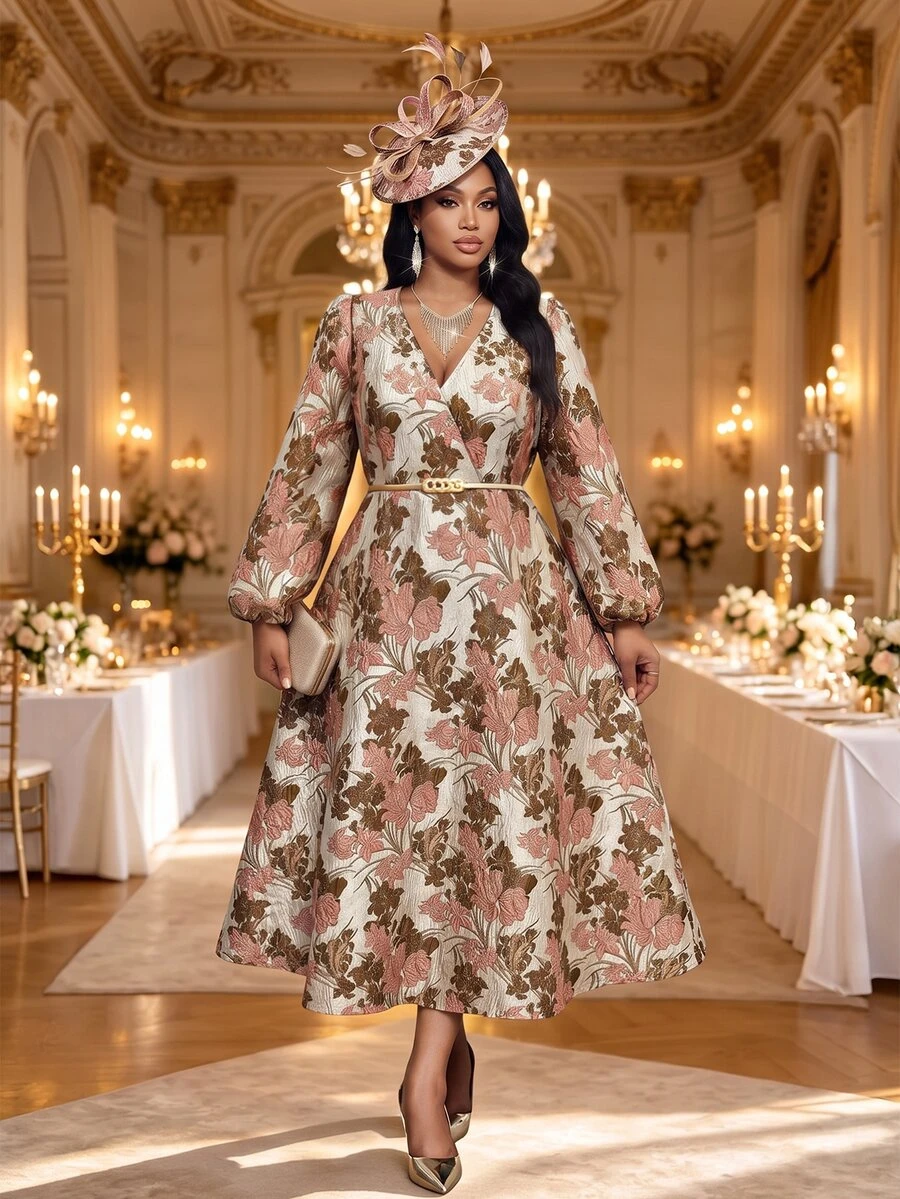 Fleurora Plus Size Women's Deep V-Neck Long Sleeve Printed Elegant Romantic Dress Fall Wedding Formal White - Multicolor - View 1