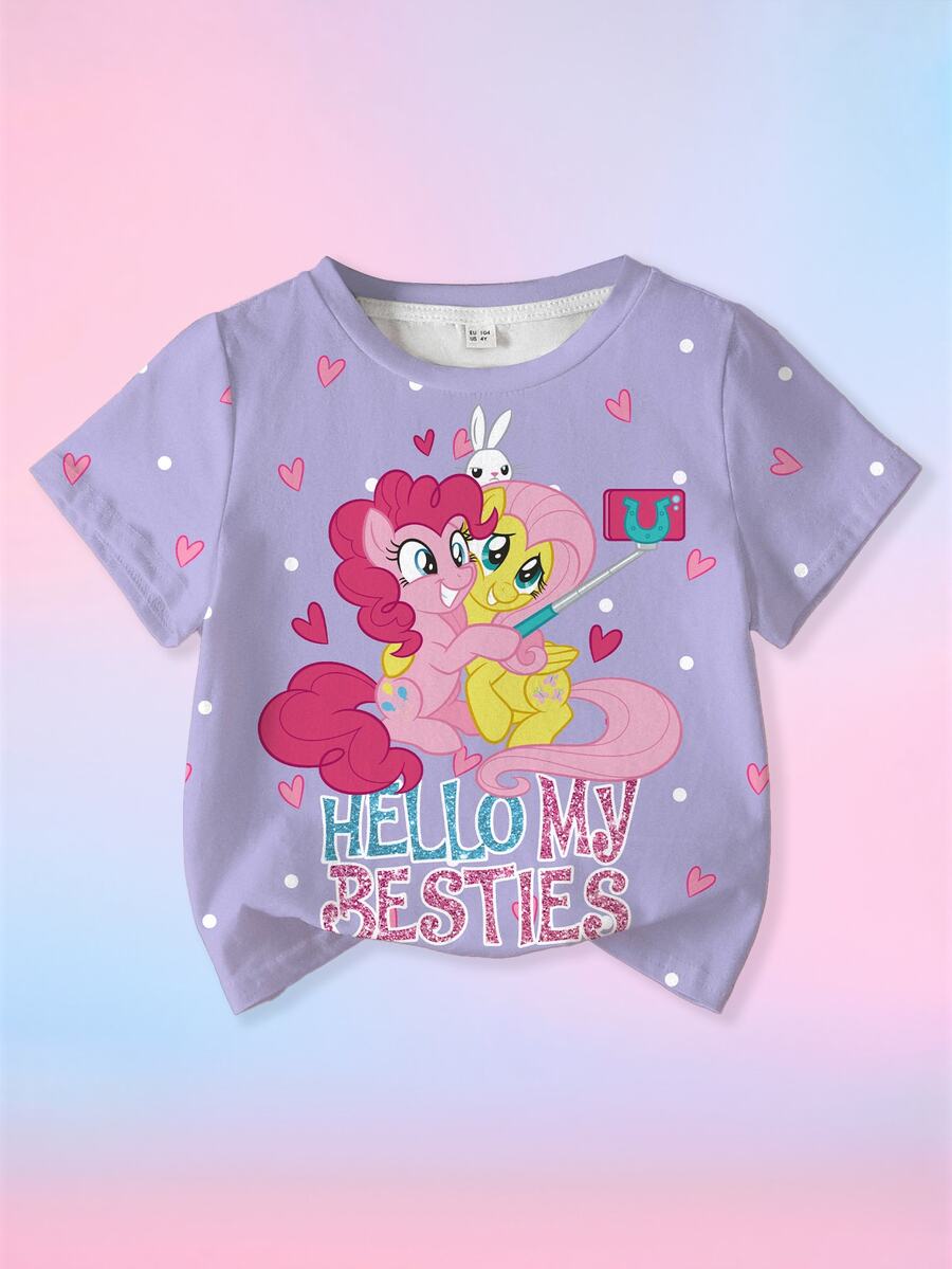 My Little Pony X SHEIN 少女卡通愛心印花短袖T恤 - 白色 - 查看 1