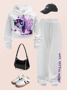 My Little Pony X SHEIN 2pcs/Set Y2K Tween Girl White & Purple Unicorn & Print Cropped Hoodie And White Letter Graphic Pants, Suitable For Spring, Autumn & Winter - White - View 3