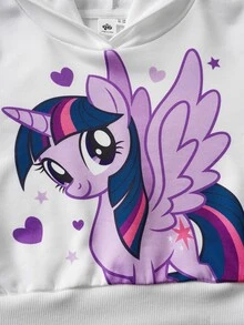 My Little Pony X SHEIN 2pcs/Set Y2K Tween Girl White & Purple Unicorn & Print Cropped Hoodie And White Letter Graphic Pants, Suitable For Spring, Autumn & Winter - White - View 5