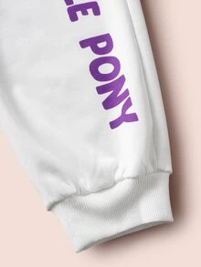 My Little Pony X SHEIN 2pcs/Set Y2K Tween Girl White & Purple Unicorn & Print Cropped Hoodie And White Letter Graphic Pants, Suitable For Spring, Autumn & Winter - White - View 8