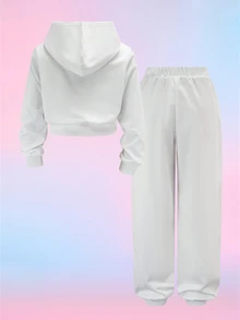 My Little Pony X SHEIN 2pcs/Set Y2K Tween Girl White & Purple Unicorn & Print Cropped Hoodie And White Letter Graphic Pants, Suitable For Spring, Autumn & Winter - White - View 2