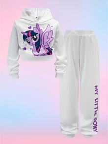 My Little Pony X SHEIN 2pcs/Set Y2K Tween Girl White & Purple Unicorn & Print Cropped Hoodie And White Letter Graphic Pants, Suitable For Spring, Autumn & Winter - White - View 1