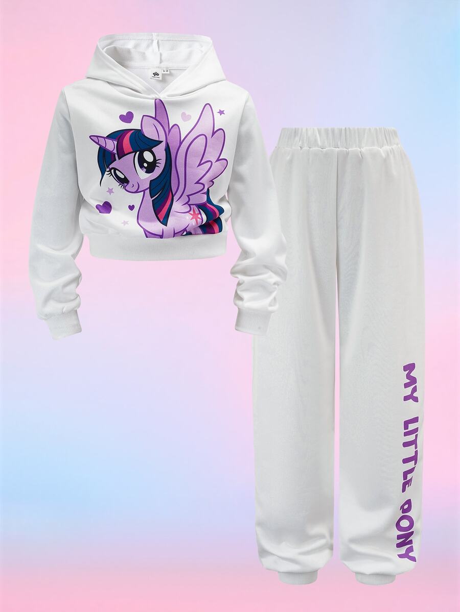 My Little Pony X SHEIN 2pcs/Set Y2K Tween Girl White & Purple Unicorn & Print Cropped Hoodie And White Letter Graphic Pants, Suitable For Spring, Autumn & Winter - White - View 1