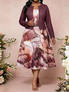 SHEIN Lady Plus Size Women Solid Color Long Sleeve Cardigan And Marble Print Dress Elegant Set Fall Formal Wedding Burgundy - Multicolor - View 6