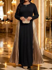 Fleurora Plus Size Women's Round Neck Cinched Cinched Waist Colorblock Patchwork Pleated Elegant Dress Fall - Multicolor - View 5
