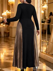 Fleurora Plus Size Women's Round Neck Cinched Cinched Waist Colorblock Patchwork Pleated Elegant Dress Fall - Multicolor - View 2