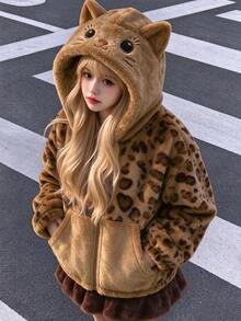 SHEIN 1件女童甜美風可愛休閒外套，校園休閒穿搭，秋季/3D貓咪刺繡連帽寬鬆抓絨夾克，學校體育館棕色冬季款 - 彩色 - 查看 2
