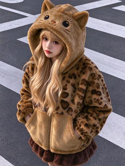 SHEIN Elladie kids 1pc Girls Sweet Style Cute Casual Outerwear, Campus Casual Outfit, Fall/ 3D Cat Embroidery Hooded Loose Fleece Jacket School Gym Brown