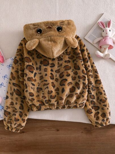 SHEIN 1 chiếc áo khoác nỉ lông mũ trùm rộng thêu mèo 3D màu nâu, phong cách ngọt ngào dễ thương, trang phục thường ngày đi học/phòng gym cho bé gái, mùa thu