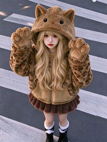 SHEIN 1件女童甜美風可愛休閒外套，校園休閒穿搭，秋季/3D貓咪刺繡連帽寬鬆抓絨夾克，學校體育館棕色冬季款 - 彩色 - 查看 4