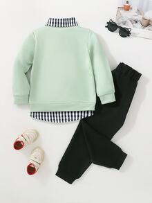 SHEIN 2 件套年轻男孩可爱休闲黄色刺绣运动衫和黑色裤子舒适服装，春季 - 薄荷綠 - 查看 2