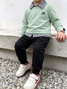 SHEIN 2 件套年轻男孩可爱休闲黄色刺绣运动衫和黑色裤子舒适服装，春季 - 薄荷綠 - 查看 1