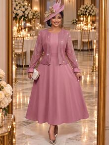 Fleurora Setelan 2 Potong Elegan untuk Wanita Ukuran Plus dengan Hiasan Payet, Ruffle, dan Manset, Bagian Depan Terbuka, Cocok untuk Musim Gugur. - Dusty Pink - View 4
