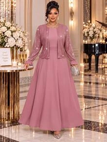 Fleurora Setelan 2 Potong Elegan untuk Wanita Ukuran Plus dengan Hiasan Payet, Ruffle, dan Manset, Bagian Depan Terbuka, Cocok untuk Musim Gugur. - Dusty Pink - View 1