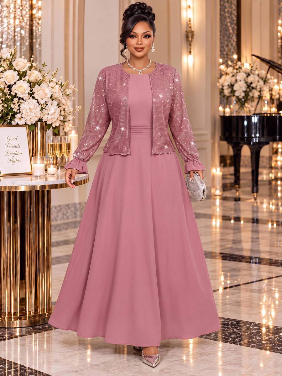 Fleurora Setelan 2 Potong Elegan untuk Wanita Ukuran Plus dengan Hiasan Payet, Ruffle, dan Manset, Bagian Depan Terbuka, Cocok untuk Musim Gugur. - Dusty Pink - View 1