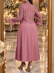 Fleurora Setelan 2 Potong Elegan untuk Wanita Ukuran Plus dengan Hiasan Payet, Ruffle, dan Manset, Bagian Depan Terbuka, Cocok untuk Musim Gugur. - Dusty Pink - View 2