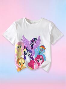 My Little Pony X SHEIN Tween Girl Summer Casual Cartoon Print T-Shirt - White - View 1
