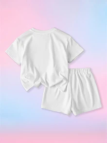 My Little Pony X SHEIN 女童卡通印花T恤短褲套裝 - 白色 - 查看 2