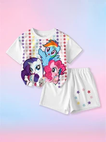 My Little Pony X SHEIN 女童卡通印花T恤短褲套裝 - 白色 - 查看 1