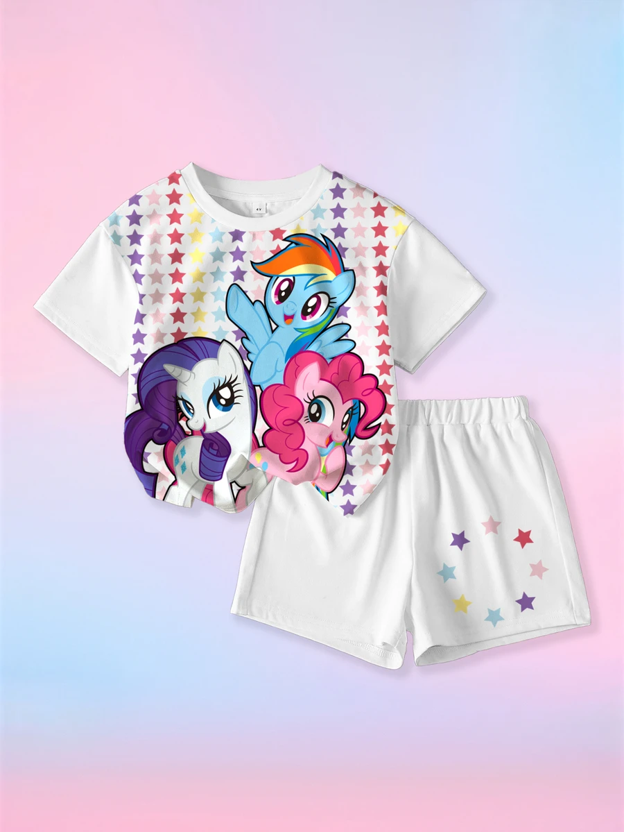 My Little Pony X SHEIN 女童卡通印花T恤短褲套裝 - 白色 - 查看 1