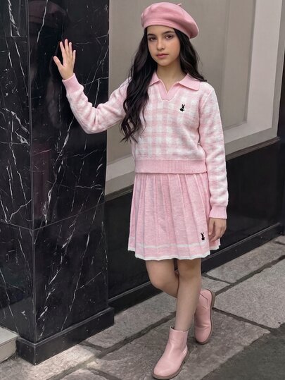 SHEIN 2 件套女童针织服装，粉色可爱刺绣兔子格子毛衣 + 针织迷你裙，少女长袖 V 领套头衫，秋冬休闲优雅风格