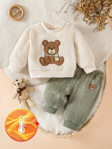 SHEIN Playful Pals 2件組嬰兒男女童衛衣長褲套裝，可愛米色鼠尾草綠毛茸茸熊熊羊羔絨，長袖圓領加厚，生日派對冬季假期寬鬆羅紋款 - 杏色 - 查看 3