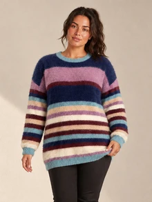 ELLERISSA Plus Size Multicolor Striped Fluffy Round Neck Drop Shoulder Longline Sweater Winter - Multicolor - View 5